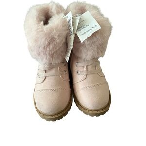 Pink Faux Suede Toddler Boots with Faux Fur Trim Side Zip Lug Sole Size 6 NEW‎